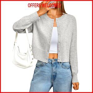 Cropped Lightweight Cardigan Sweater, Crew Neck, Open Front, Polyester Blend